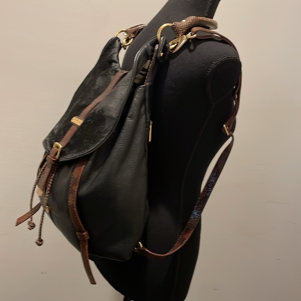 Cynthia Rowley Shoulder Bag Backpack Black Brown Textured Animal Hide Boho - Picture 4 of 14